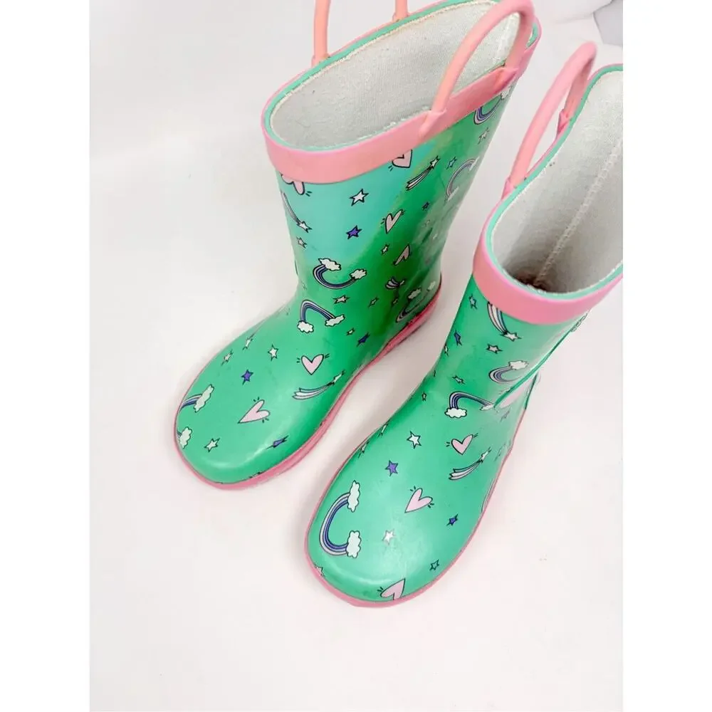 Kids Girl's Dreamy Unicorn Rubber Rain Gumboots Green Pink Size 12